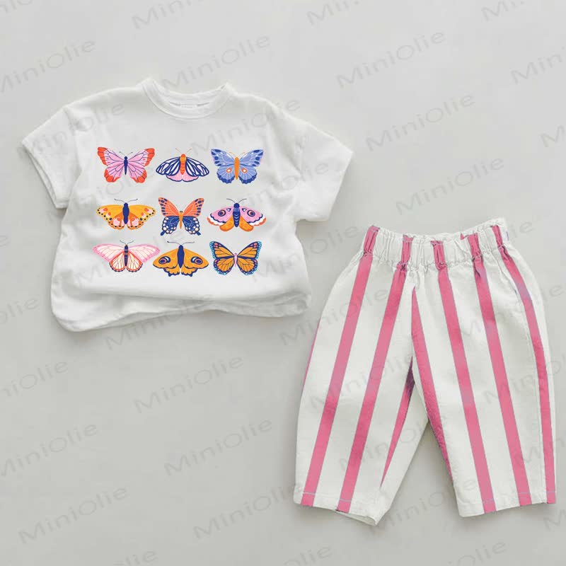 Baby Girls Cartoon Butterflies Print Pink Vertical Striped 2-piece Set - White&Pink - 2-3T - image 1