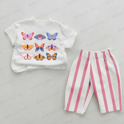 Baby Girls Cartoon Butterflies Print Pink Vertical Striped 2-piece Set - White&Pink - 2-3T - image 1