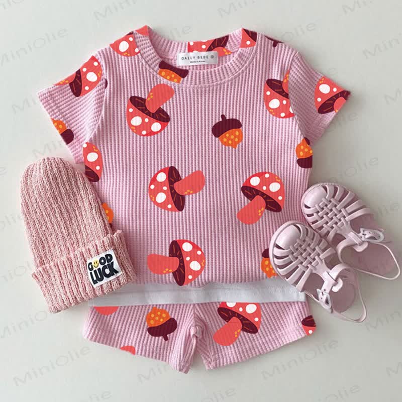 Baby Pink Mushroom Print Waffle Tee and Shorts 2-piece Set - Pink - 2-3T - image 1