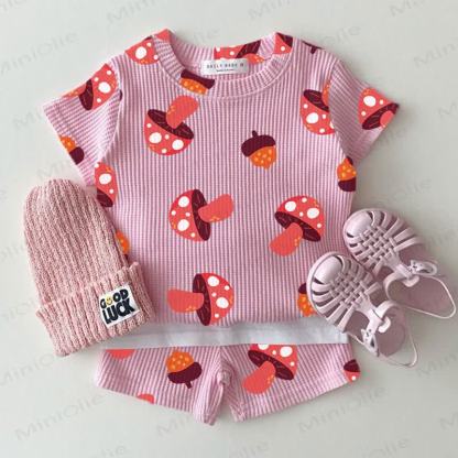 Baby Pink Mushroom Print Waffle Tee and Shorts 2-piece Set - Pink - 2-3T - image 1