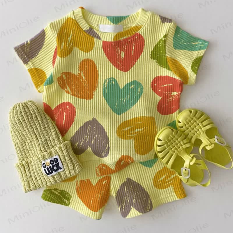 Baby Heart Print Yellow Waffle Tee and Shorts 2-piece Set - Yellow - 2-3T - image 1