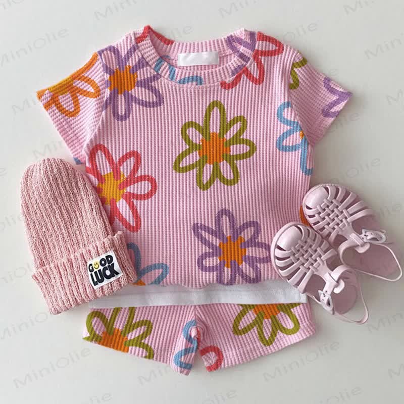 Baby Pink Flower Print Waffle Tee and Shorts 2-piece Set - Pink - 2-3T - image 1