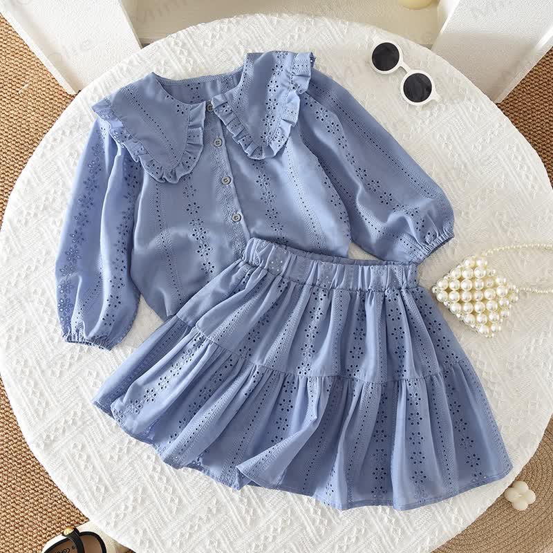 Toddler Baby Girl Solid Color Eyelet Ruffle Collar Top and Skirt 2-piece Set - image 1