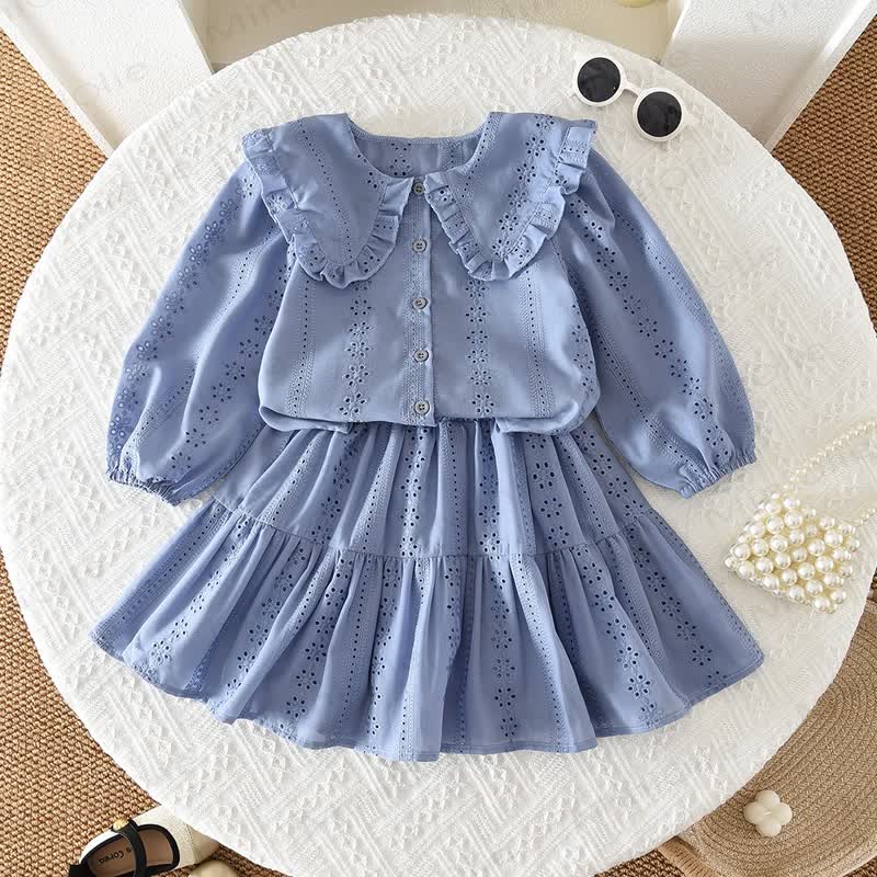 Toddler Baby Girl Solid Color Eyelet Ruffle Collar Top and Skirt 2-piece Set - Blue - 6Y - image 2