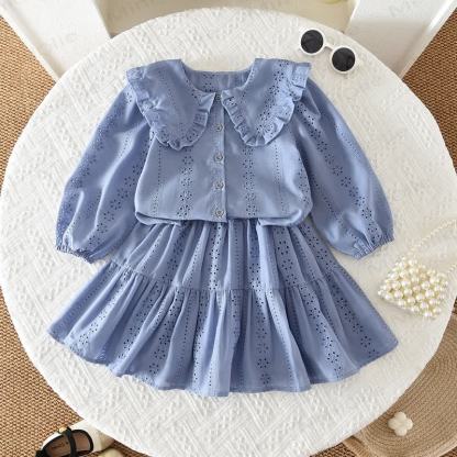 Toddler Baby Girl Solid Color Eyelet Ruffle Collar Top and Skirt 2-piece Set - Blue - 6Y - image 2