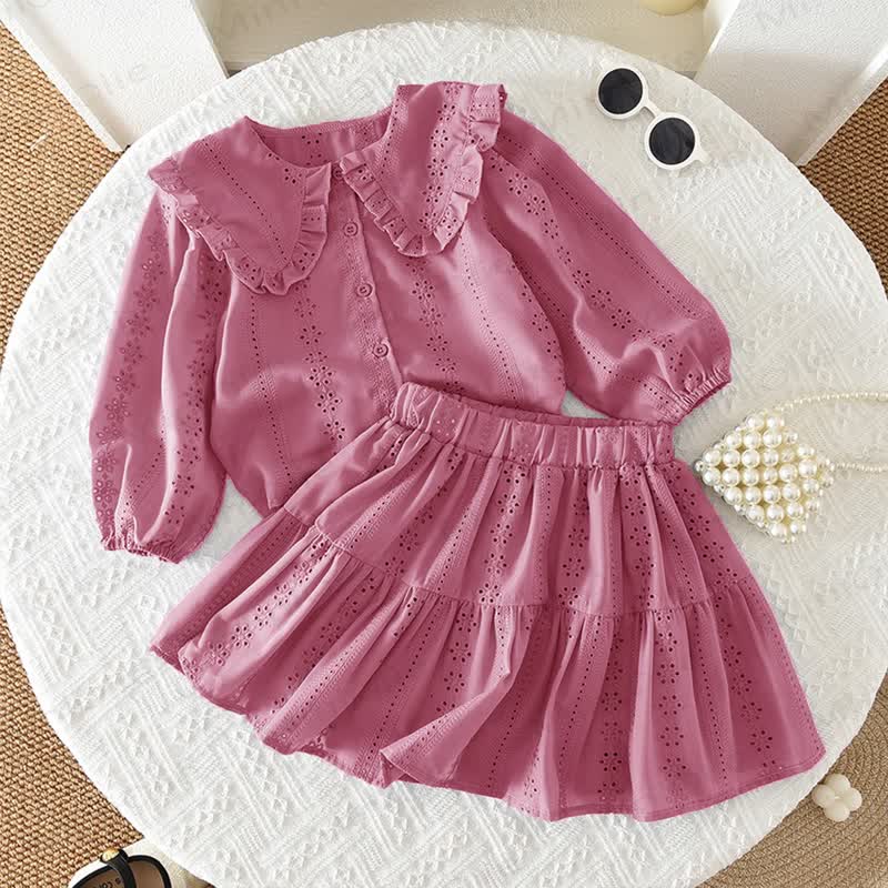 Toddler Baby Girl Solid Color Eyelet Ruffle Collar Top and Skirt 2-piece Set - Pink - 6Y - image 3