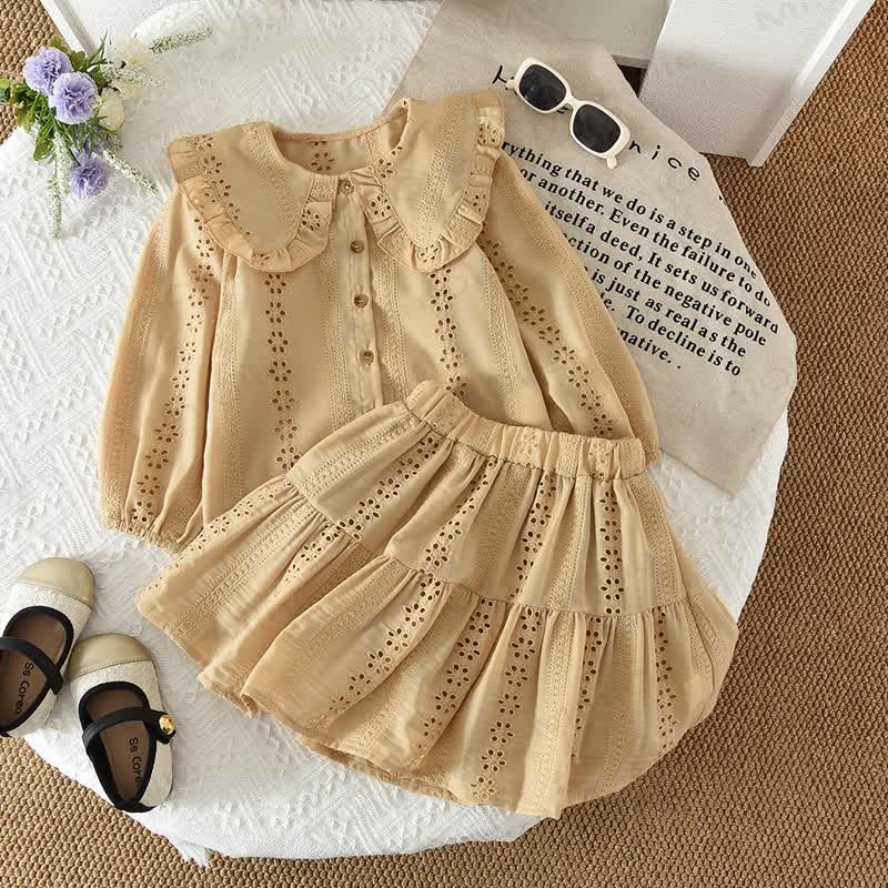 Toddler Baby Girl Solid Color Eyelet Ruffle Collar Top and Skirt 2-piece Set - Beige - 6Y - image 4