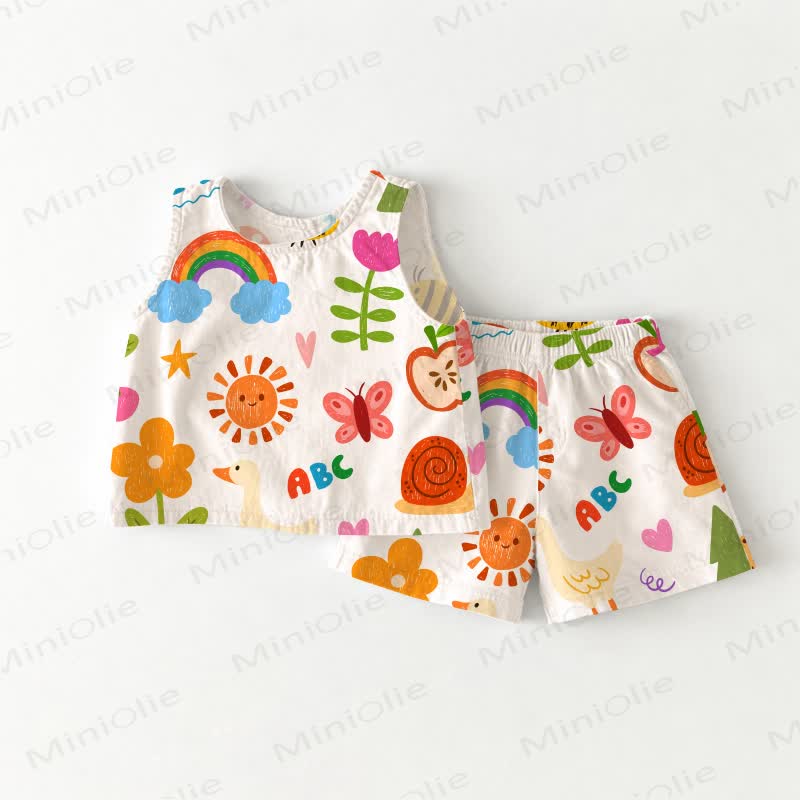 Baby Toddler White Rainbow Flowers Sleeveless Top and Shorts 2-piece Set - White - 3-4T - image 1