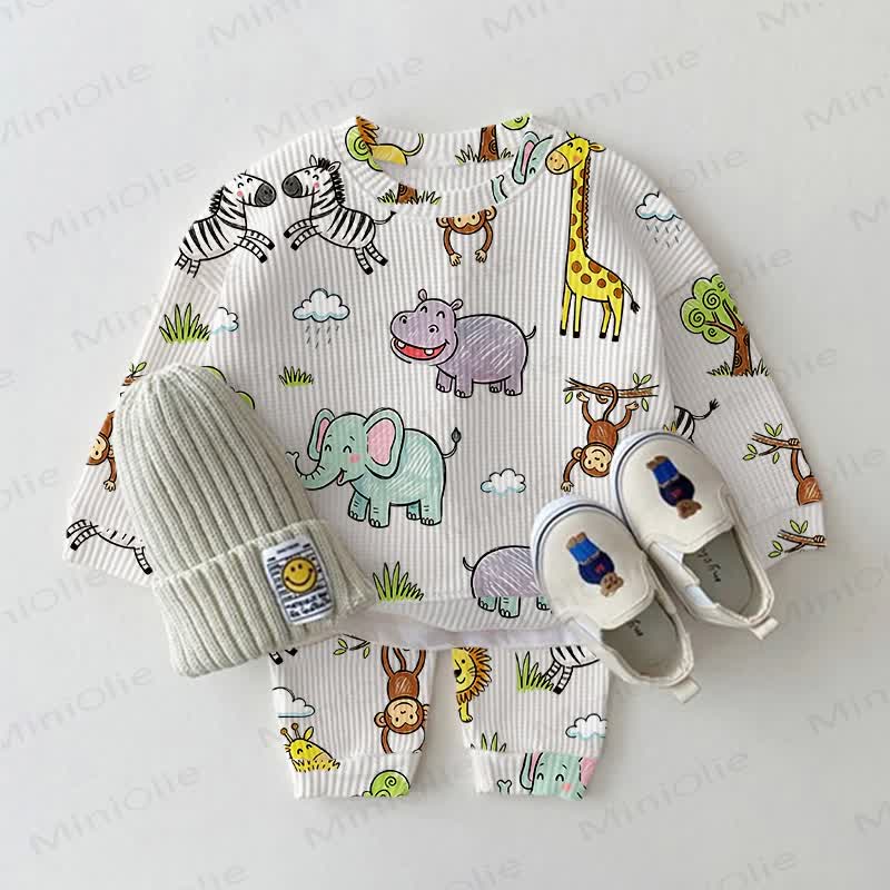Baby White Animals Print Waffle 2-piece Set - White - 2-3T - image 1