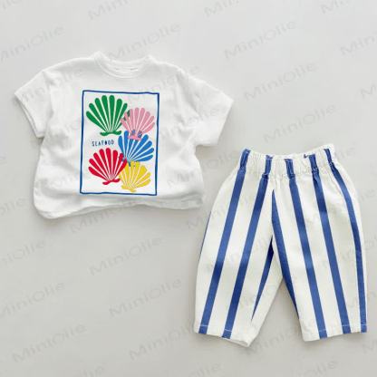 SEAFOOD Baby Shell Print Blue Vertical Striped 2-piece Set - White&Blue - 2-3T - image 1