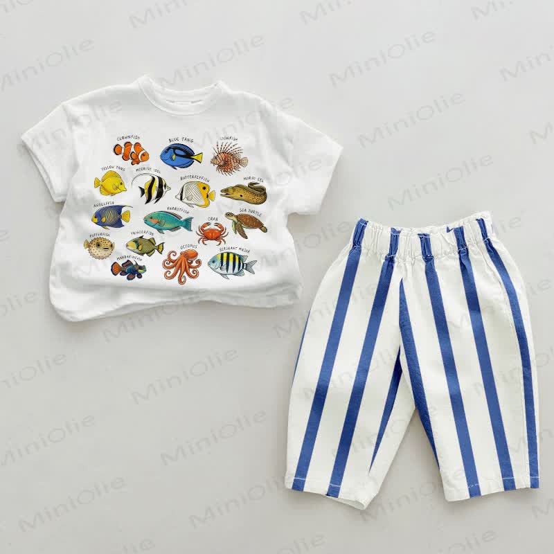 Baby Marine Animals Print Blue Vertical Striped 2-piece Set - White&Blue - 2-3T - image 1