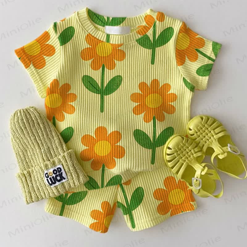 Baby Yellow Flower Print Waffle Tee and Shorts 2-piece Set - Yellow - 2-3T - image 1