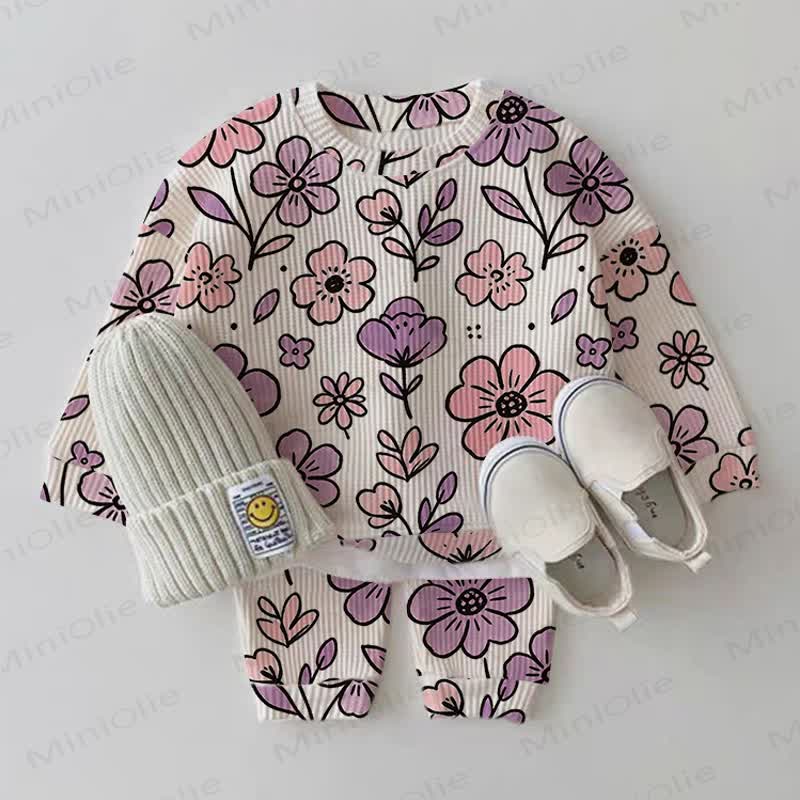 Baby White Flower Print Waffle Sweatshirt 2-piece Set - White - 18-24M - image 1