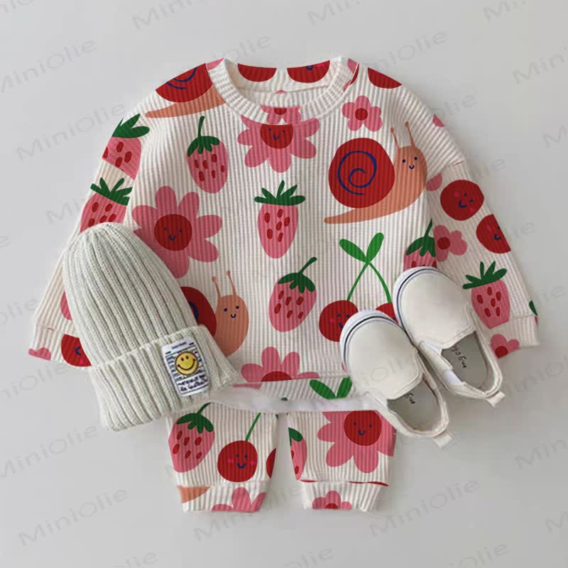 Baby Strawberry Snail Print Waffle Sweatshirt 2-piece Set - White - 18-24M - image 1