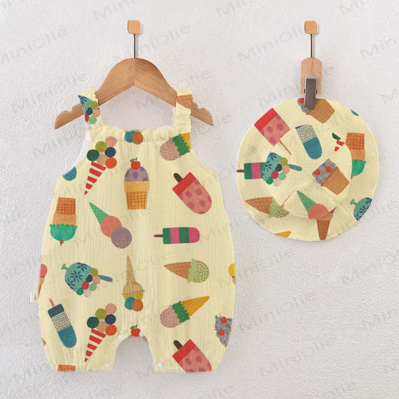 Baby Ice Cream Print Romper with Hat - Yellow - 18-24M - image 1