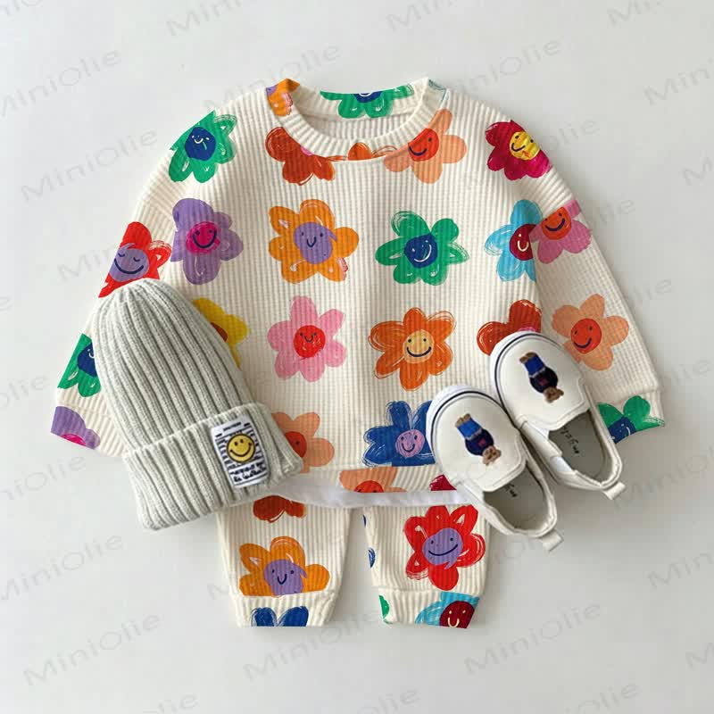 Baby Colorful Flower Print Waffle 2-piece Set - White - 18-24M - image 1