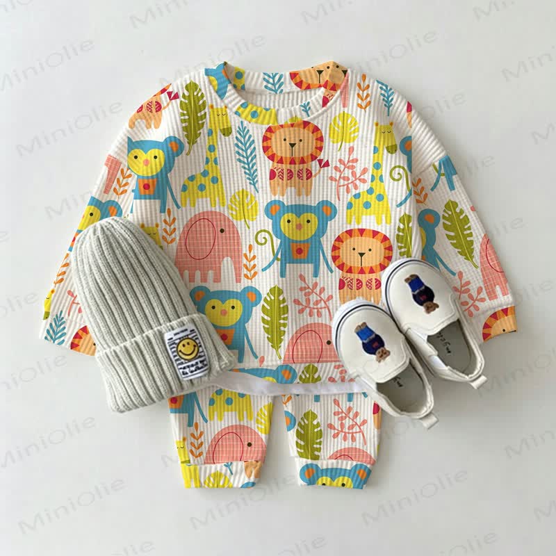 Baby Cartoon Animal Print Waffle 2-piece Set - White - 18-24M - image 1