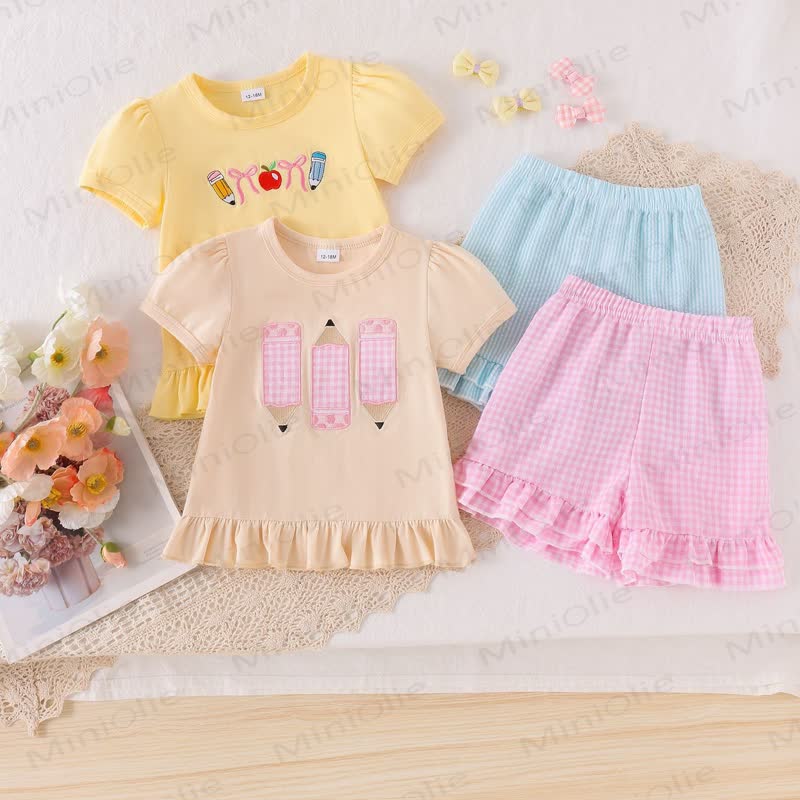 Toddler Baby Girls Pencil Applique Top and Shorts 2-piece Set - image 1