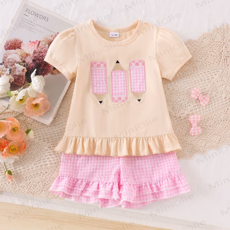 Toddler Baby Girls Pencil Applique Top and Shorts 2-piece Set - Beige - 4-5T - image 2
