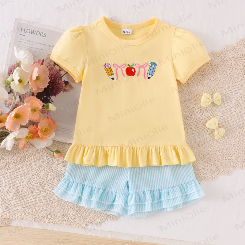 Toddler Baby Girls Pencil Applique Top and Shorts 2-piece Set - Yellow - 4-5T - image 3