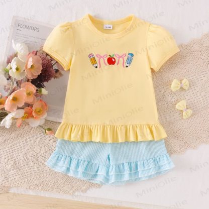 Toddler Baby Girls Pencil Applique Top and Shorts 2-piece Set - Yellow - 4-5T - image 3
