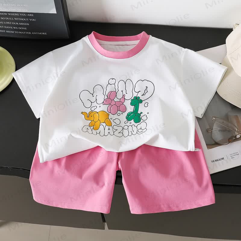 Toddler Girls Playful Cartoon Print Tee and Shorts 2-piece Set - Pink - 8-9T - image 2
