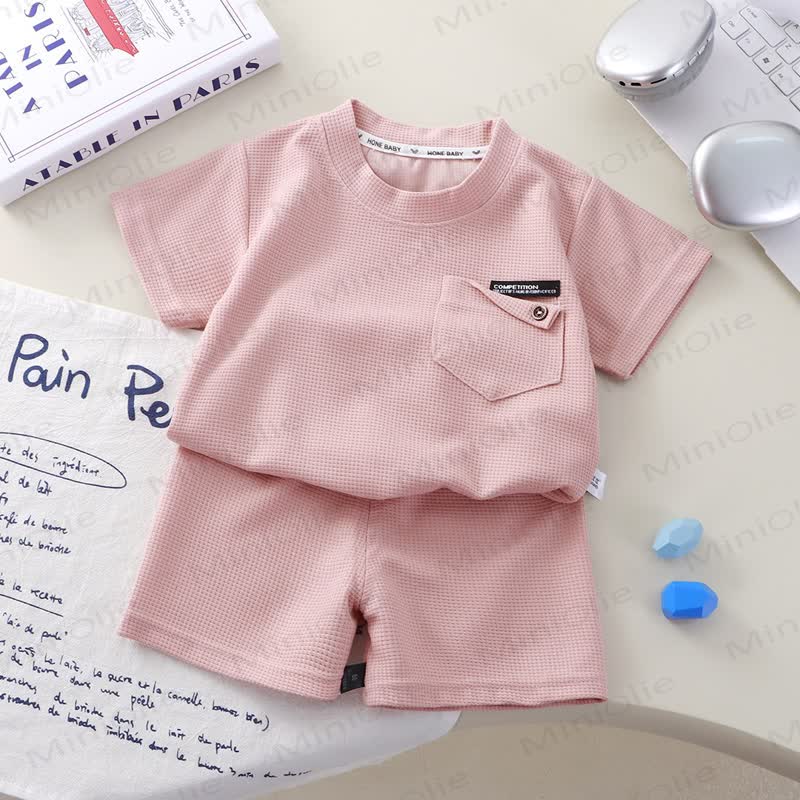 Toddler Solid Color Waffle Pocket Top and Shorts 2-piece Set - Pink - 8-9T - image 3