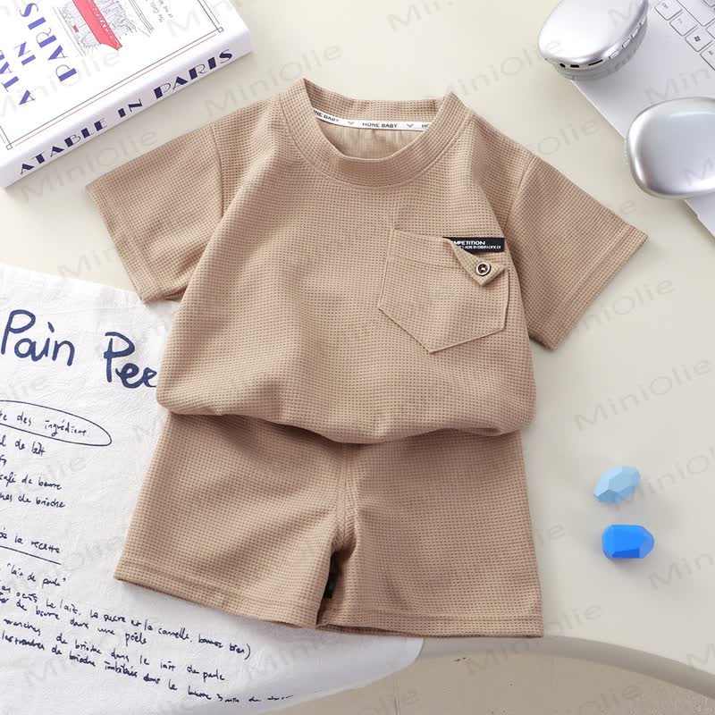 Toddler Solid Color Waffle Pocket Top and Shorts 2-piece Set - Khaki - 8-9T - image 5