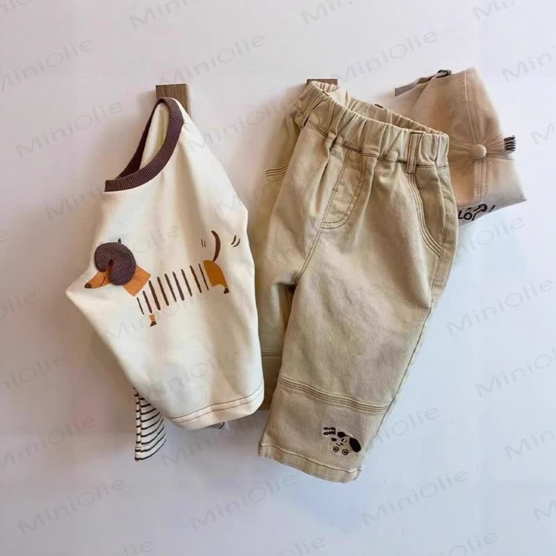 Toddelr Baby Beige Dachshund Applique Long Sleeve Top and Pants Set - Beige Set - 4-5T - image 1