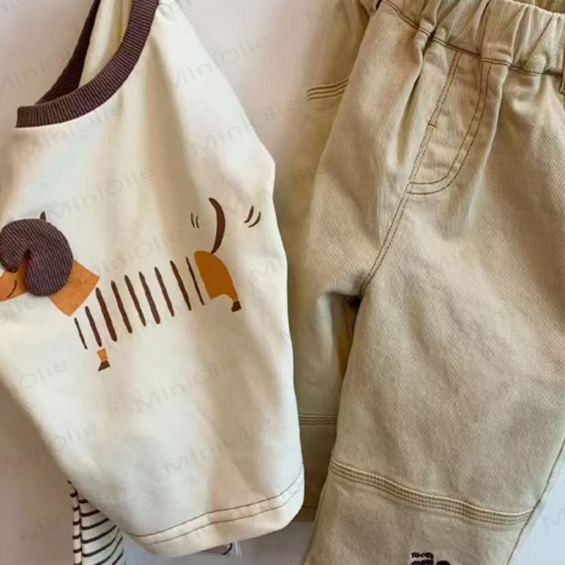 Toddelr Baby Beige Dachshund Applique Long Sleeve Top and Pants Set - image 4