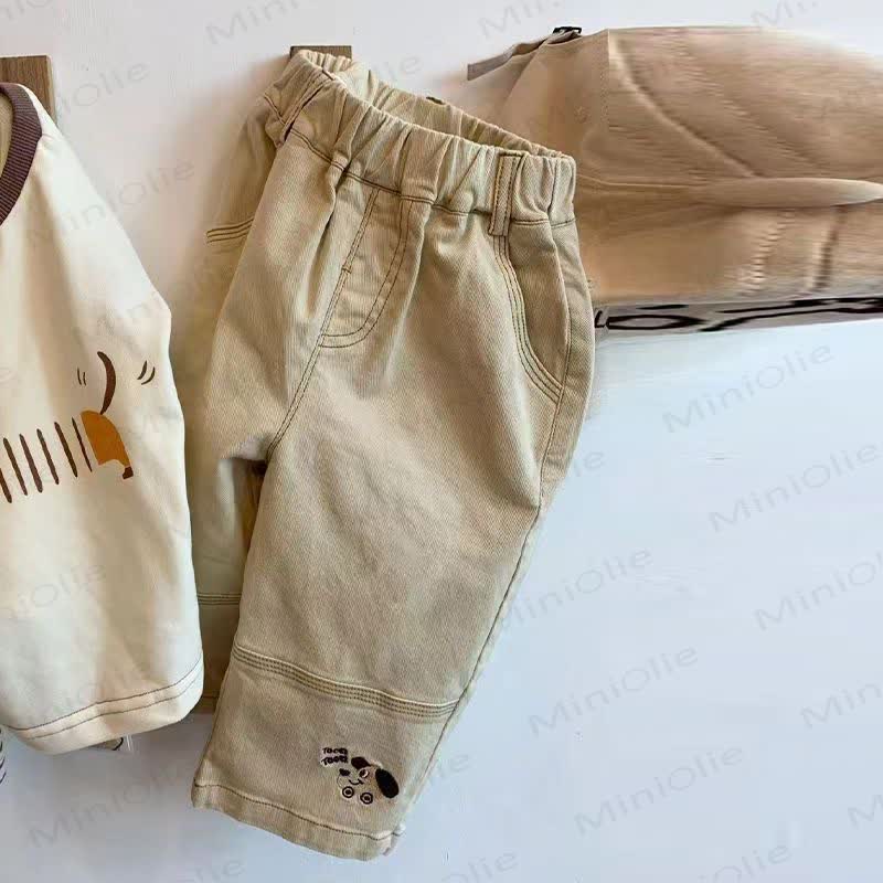 Toddelr Baby Beige Dachshund Applique Long Sleeve Top and Pants Set - Beige Pants - 4-5T - image 3