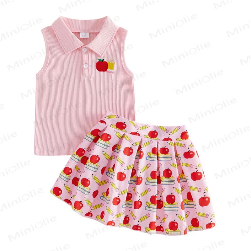 Toddler Girl Apple Patch Sleeveless Top and Skirt 2-piece Set - Pink - 6-7Y - image 1