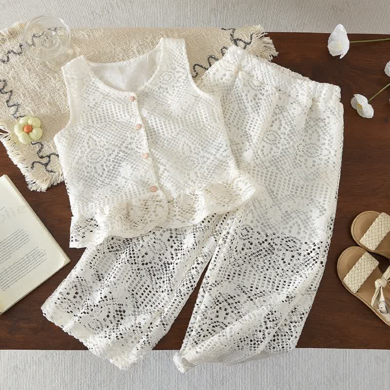 Toddler Girl White Crochet Lace Button Top and Pants Set - White - 7Y - image 1