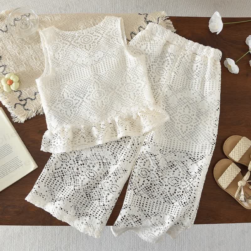 Toddler Girl White Crochet Lace Button Top and Pants Set - image 2