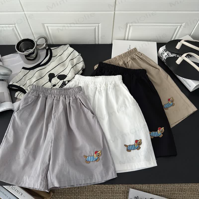 Toddler Kid Dog Embroidered Shorts - Gray - 10-11T - image 1