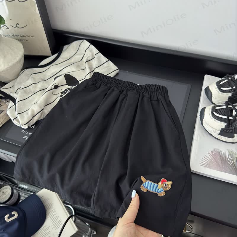 Toddler Kid Dog Embroidered Shorts - Black - 10-11T - image 7