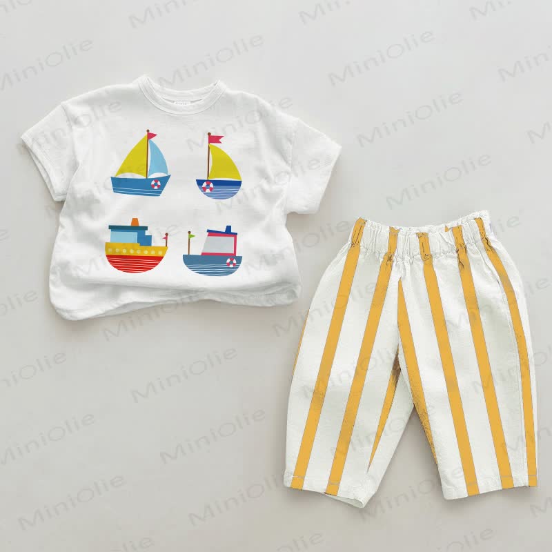 Baby Cartoon Ship Print White&Yellow Vertical Striped 2-piece Set - White&Yellow - 2-3T - image 1