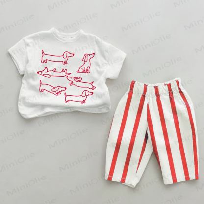 Baby Daschund White&Red Vertical Striped 2-piece Set - White&Red - 4-5T - image 1
