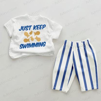 JUST KEEP SWIMING Baby Blue Vertical Striped 2-piece Set - White&Blue - 2-3T - image 1