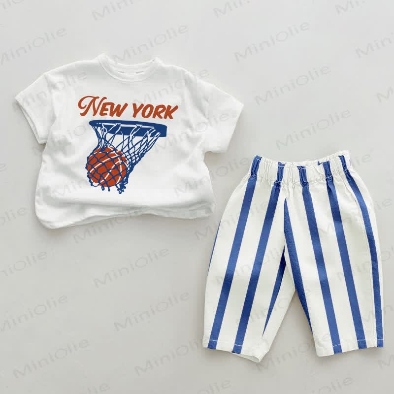 NEW YORK Baby Basketball Blue Vertical Striped 2-piece Set - White&Blue - 2-3T - image 1