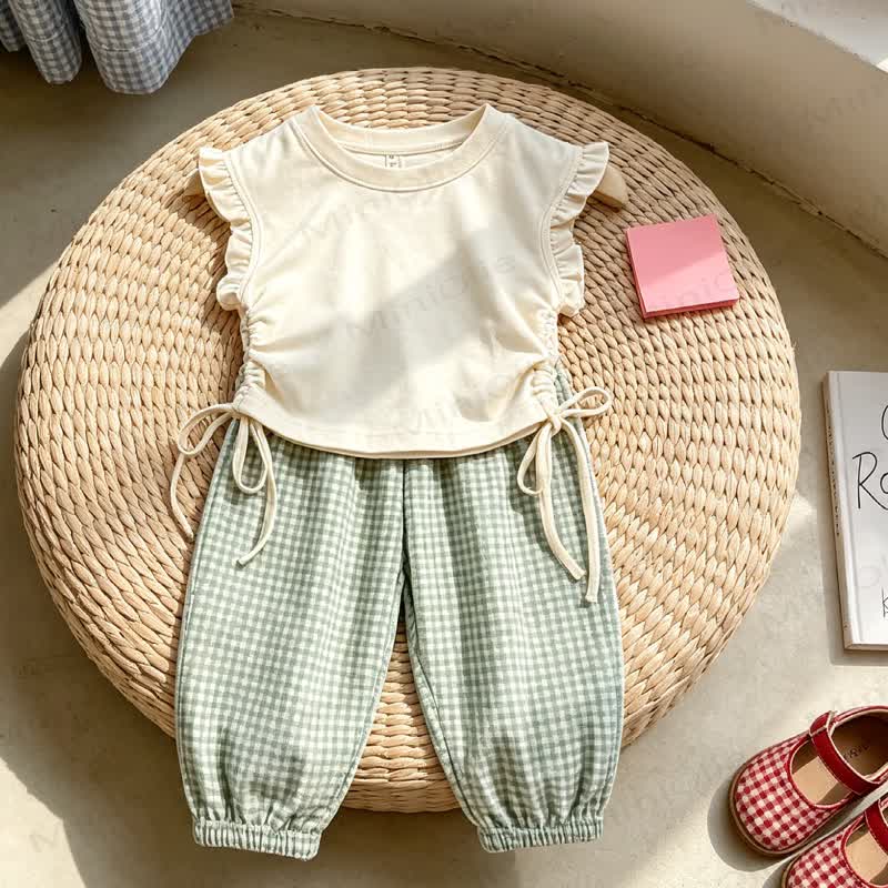 Toddler Girl Beige Sleeveless Top and Gingham Pants 2-piece Set - Green - 8-10T - image 3