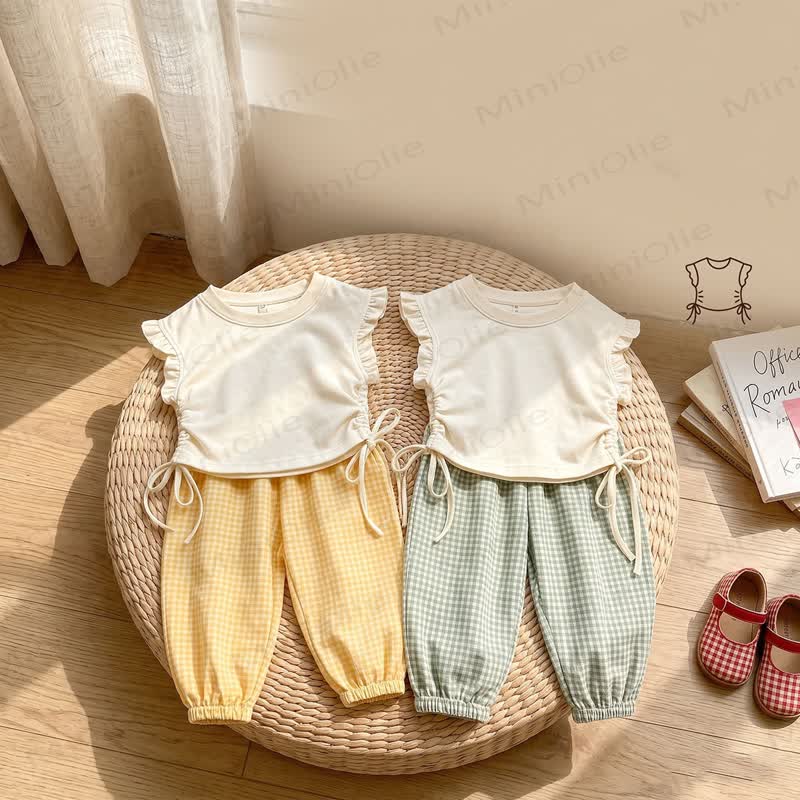 Toddler Girl Beige Sleeveless Top and Gingham Pants 2-piece Set - image 1