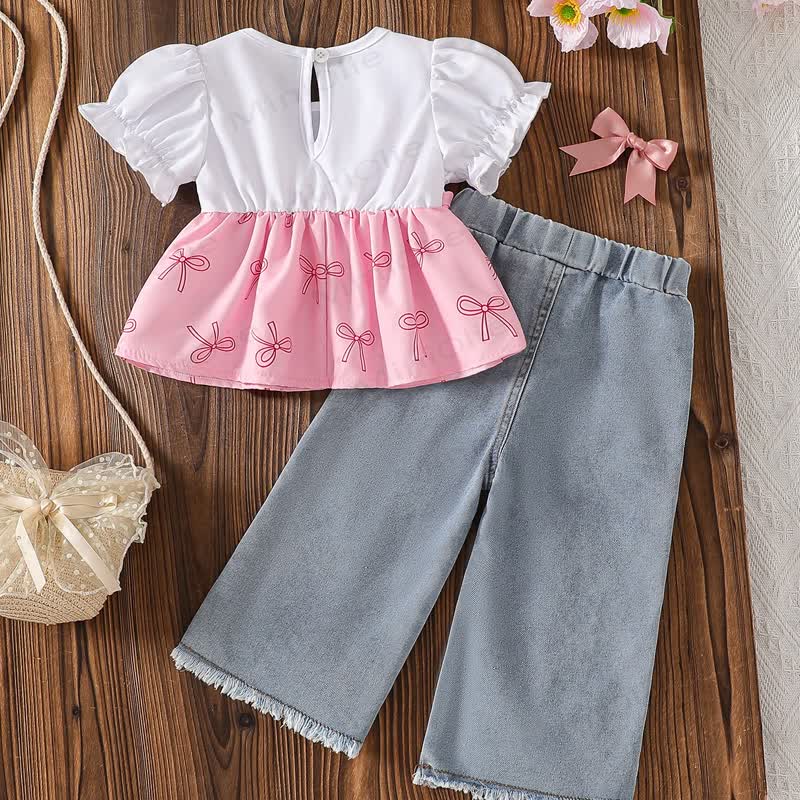 Baby Pink Bow Print Peplum and Denim Pants 2-piece Set - image 2