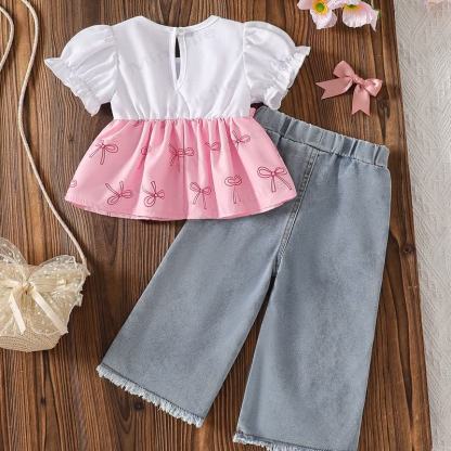 Baby Pink Bow Print Peplum and Denim Pants 2-piece Set - image 2