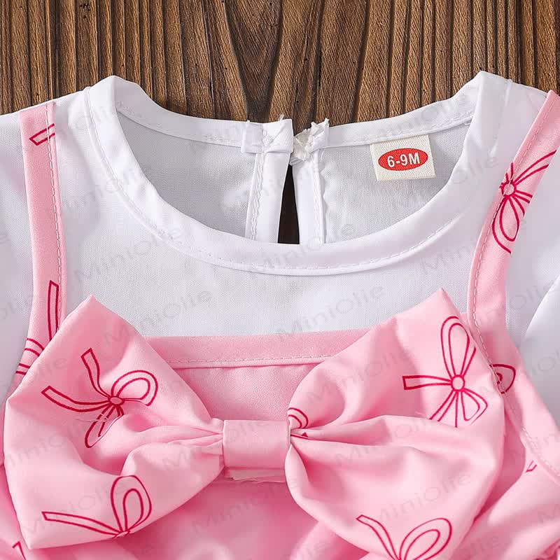 Baby Pink Bow Print Peplum and Denim Pants 2-piece Set - image 3