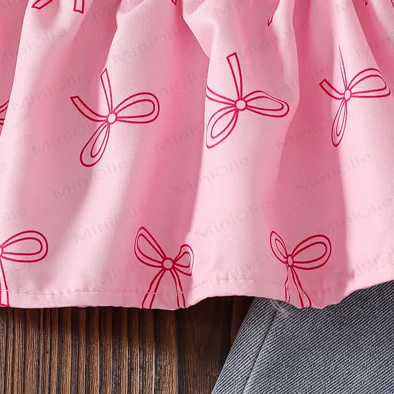 Baby Pink Bow Print Peplum and Denim Pants 2-piece Set - image 6