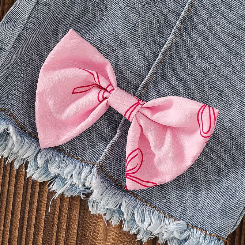 Baby Pink Bow Print Peplum and Denim Pants 2-piece Set - image 8
