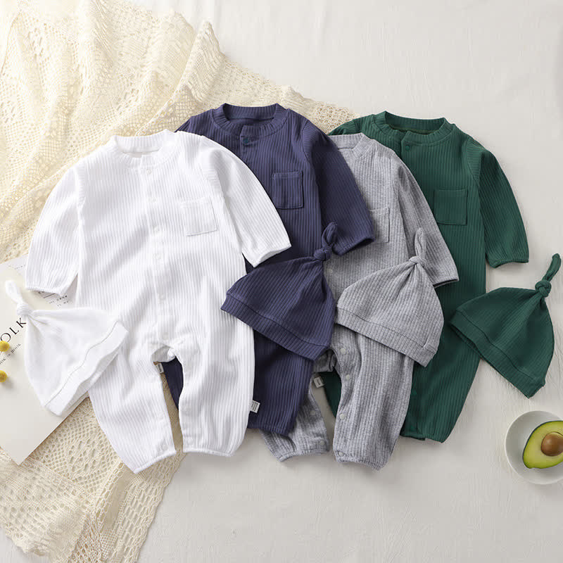 Baby Ribbed Pocket Romper with Knot Hat - image 1