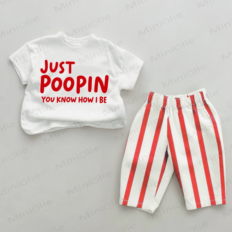 JUST POOPIN YOU KNOW HOW I BE Baby Red Vertical Striped 2-piece Set - White&Red - 4-5T - image 1