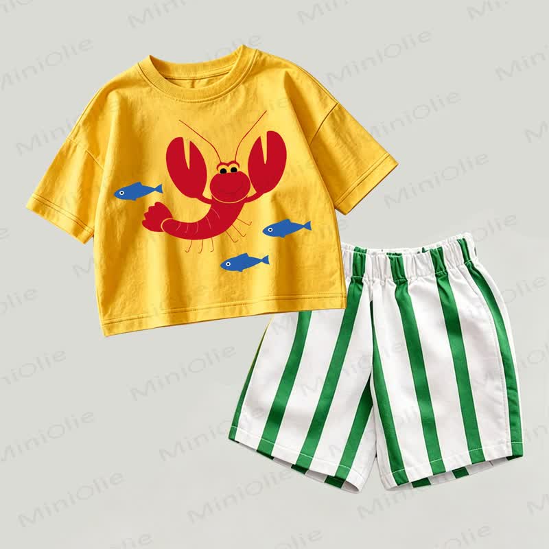Baby Lobster & Fish Print Yellow&Green Top and Striped Shorts 2-piece Set - Yellow&Green - 2-3T - image 1